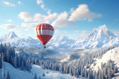 Winter hot air balloon ride over a snow-covered mountain range.