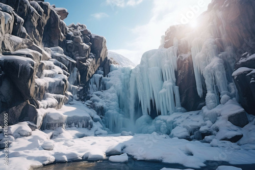 Frozen waterfall with icicles and snow-covered rocks.