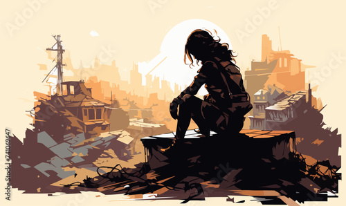 woman soldier in ruined city isolated vector style with transparent background illustration