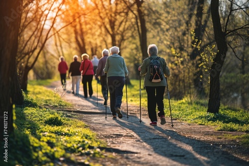 A heartwarming scene featuring retirees relishing Nordic walking in a picturesque spring park  showcasing their enthusiasm for an active retirement