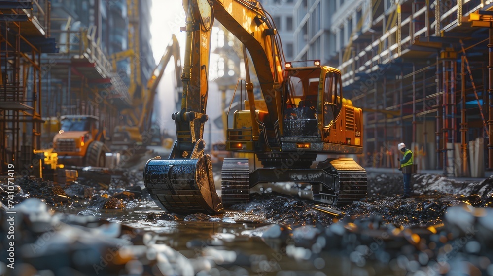 excavator in construction, showing other elements such as construction workers, vehicles and equipment to give context and depth. excavator in construction, showing other elements such as construction workers, vehicles and equipment to give context and depth.