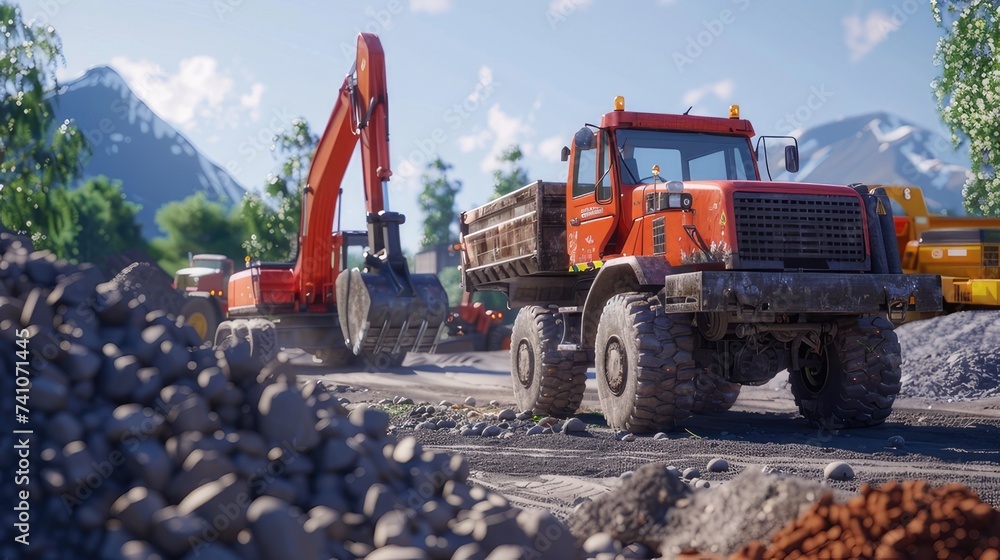 construction workers, construction equipment, and materials such as asphalt or gravel piles to give context and realism to the scene. construction workers, construction equipment, and materials such as asphalt or gravel piles to give context and realism to the scene.