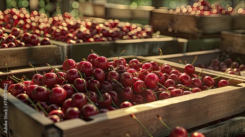 Freshly picked cherries in boxes or crates, emphasizing the abundance and freshness of the harvest. Boxes are placed strategically to add visual interest and depth. photo