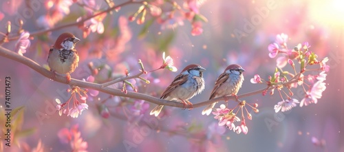 sparrows sitting on branch in the spring and flowers Generative AI