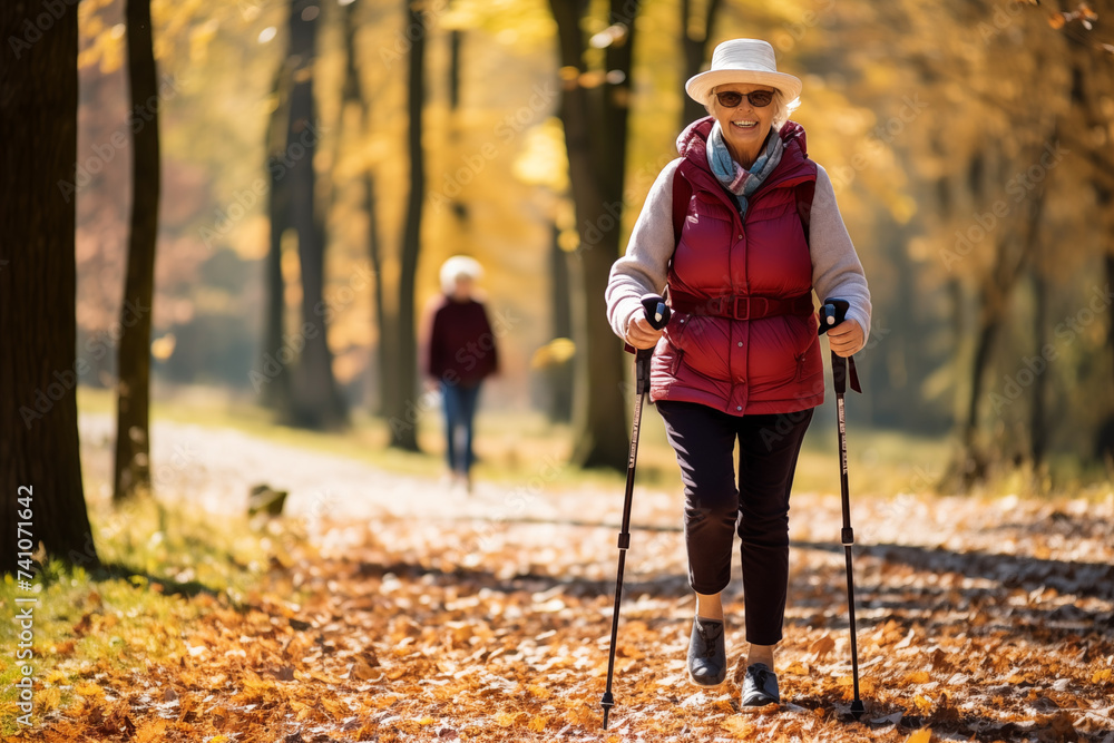 Senior woman Nordic walking in autumn forest with her caregiver - obrazy, fototapety, plakaty 