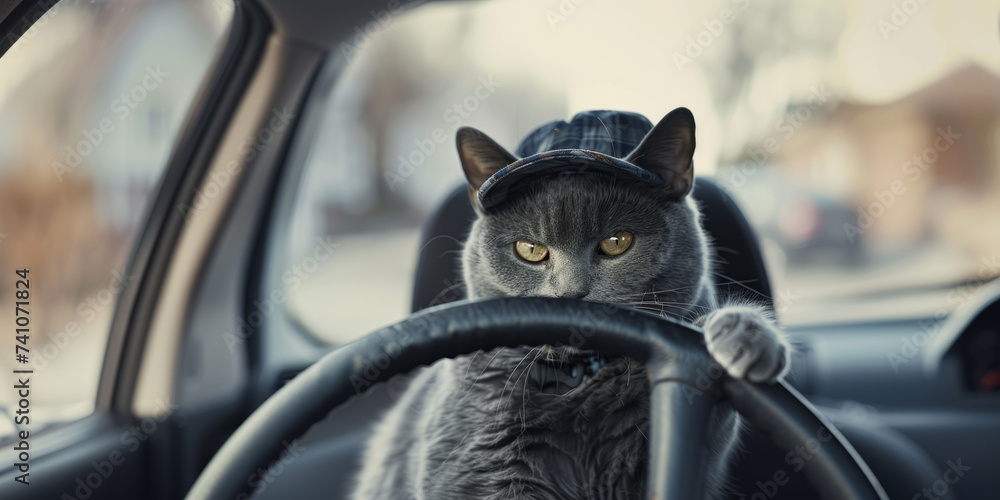 a cat in a cap sits behind the wheel of a car Generative AI