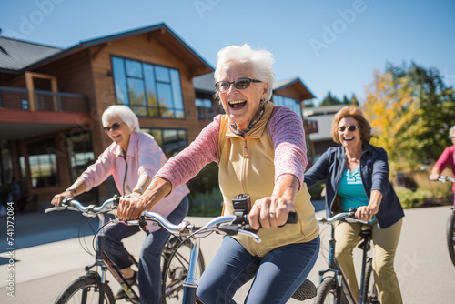 Senior woman riding bicycle with friends on sunny day in the city