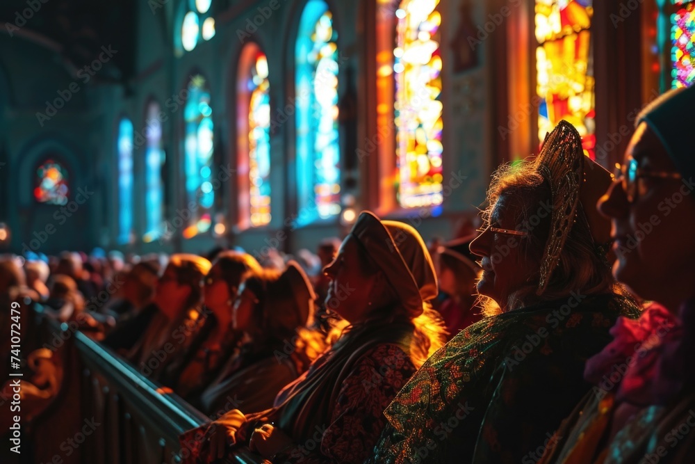 A moment of celebration frozen in time: a synagogue congregation donning colorful costumes, with stained glass windows casting an enchanting mosaic of light during the Purim service