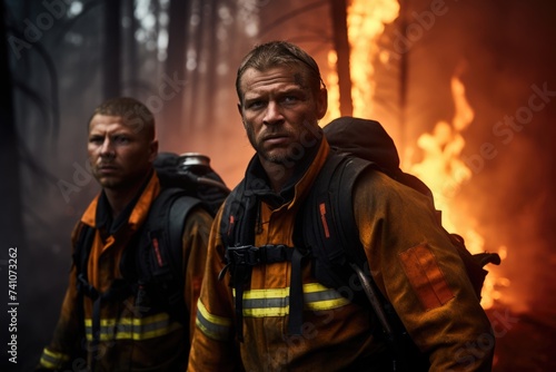 Fighting Fire's Fury: Close-up of male firefighters confronting the fury of a blazing forest, exemplifying bravery