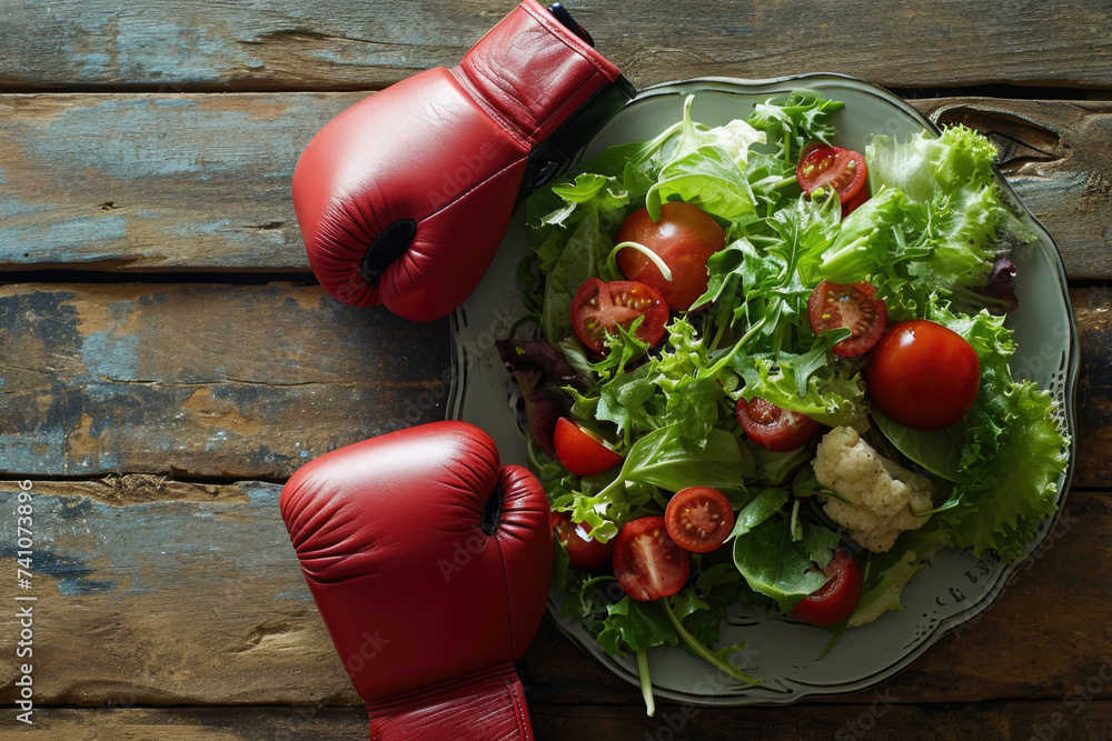 Punching for Health: Boxing gloves poised to enjoy a plate of salad, illustrating the fight for a nutritious diet