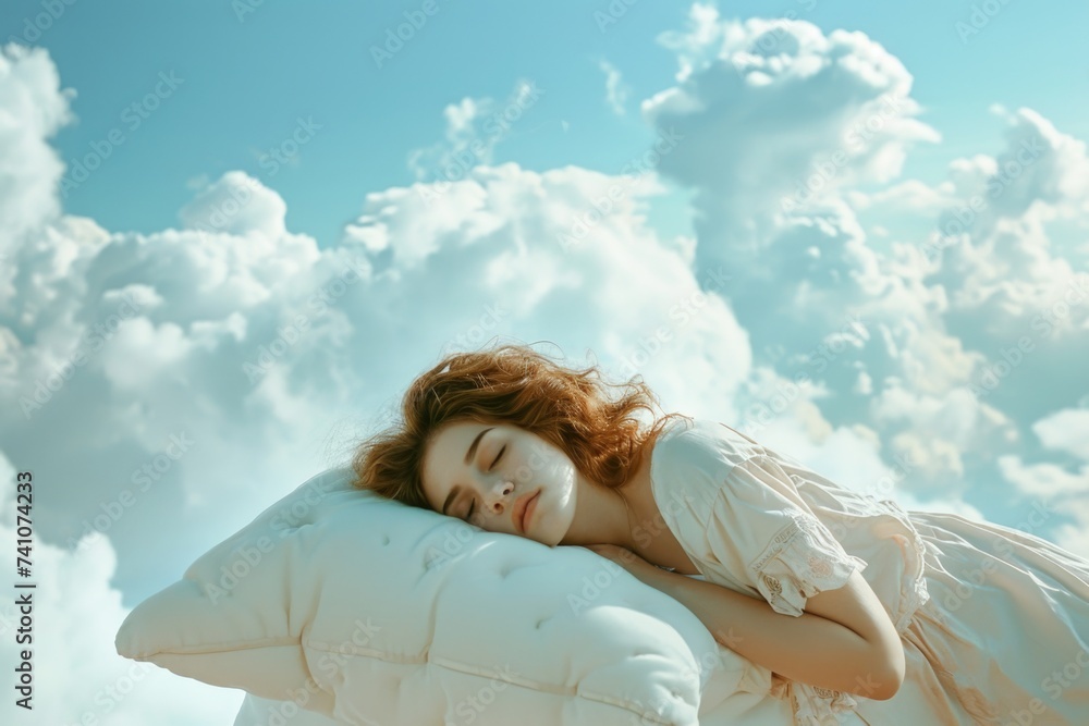 Surreal nap in the sky, woman amidst cottony clouds. Surreal nap in the sky, woman amidst cottony clouds.