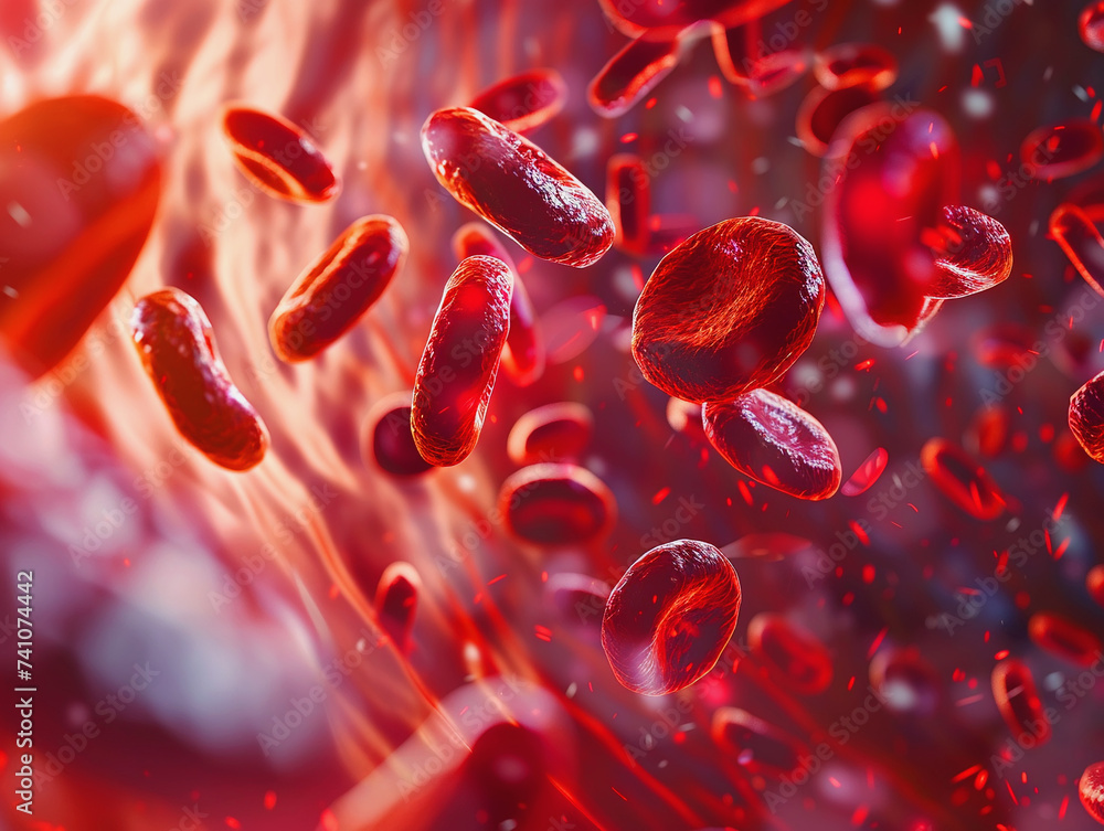 Red blood cells flowing in a blood vessel. Abstract background of artery inside, close up of hemoglobin molecule Red blood cells flowing in a blood vessel. Abstract background of artery inside, close up of hemoglobin molecule
