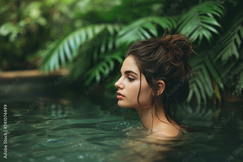 A woman gracefully glides through a pool amidst lush greenery, gazing into the horizon with serenity. Her hair elegantly coiled in a bun. A woman gracefully glides through a pool amidst lush greenery, gazing into the horizon with serenity. Her hair elegantly coiled in a bun.