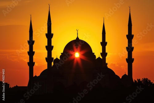 The silhouette of a mosque against the backdrop of a sunset sky, symbolizing Ramadan, exudes a serene and spiritual ambiance