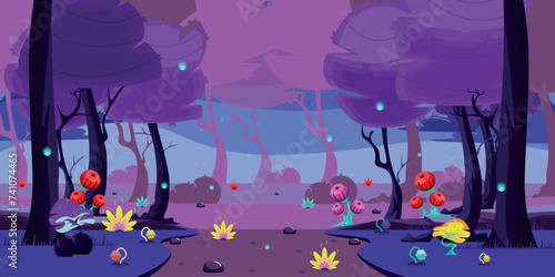 Vector illustration of a magical forest landscape. Cartoon scene of a beautiful evening forest with branchy trees, fantastic plants, flowers, bushes, grass, stones and glittering fireflies.