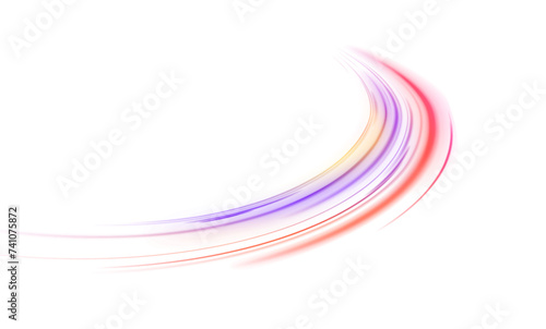 Vector purple and blue glowing lines air flow effect. Light trail wave, fire path trace line, car lights, optic fiber and incandescence curve twirl. Big data traffic visualization, dynamic high speed