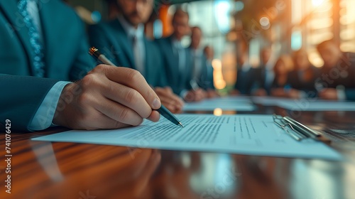 Executives signing documents during a merger or acquisition. AI generate illustration photo