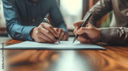 Executives signing documents during a merger or acquisition. AI generate illustration photo