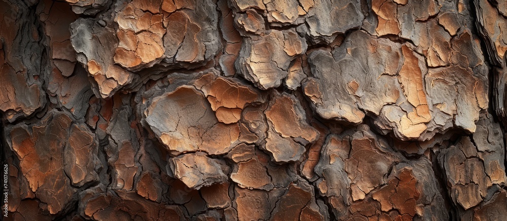 Close up of the intricate pattern of a pine tree bark resembles artwork on wood, showcasing the resilience of nature against erosion on bedrock