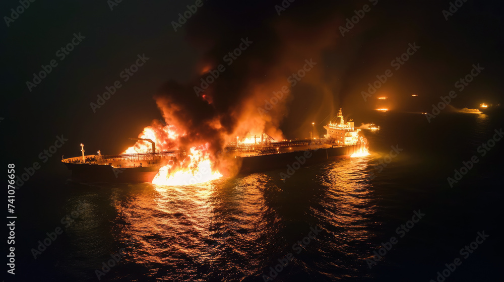 Burning tanker in sea at night, aerial view of cargo ship in fire and smoke, industrial vessel after attack or accident in ocean. Concept of oil, disaster, water and pollution