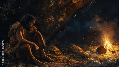 Neanderthal man sits by fire in cave, lone caveman near bonfire on dark background, life of people in prehistoric era. Concept of Homo Sapiens, ancient, anthropology photo