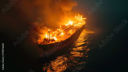 Aerial view of burning tanker in sea at night, cargo ship in fire and smoke, industrial vessel after attack or accident in ocean. Concept of oil, disaster, industry and pollution