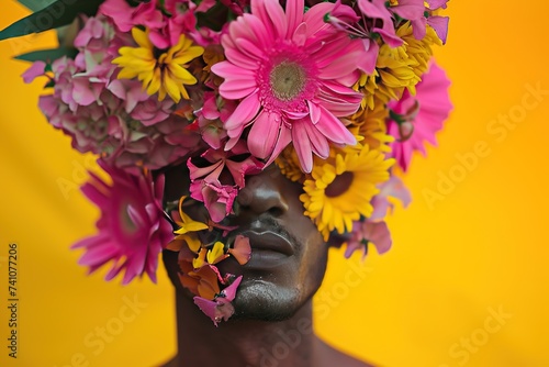 A Man In A Suit Has A Bouquet Of Flowers In Front Of His Head