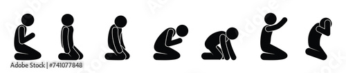 prayer set of icons, stick figure of a man praying on his knees