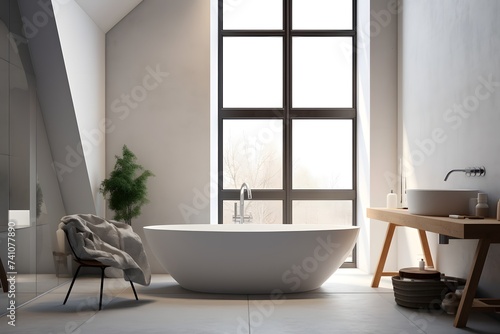 Scandinavian bathroom interior in light colors with a ceramic sink, mirror and large bathtub, with a large window. House apartment design in a minimalist style © Vladimir