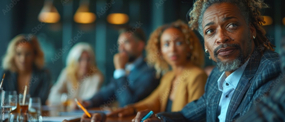 Diverse group of hiring employers seated around a conference table, engaged in discussion as they review resumes and interview candidates for various positions