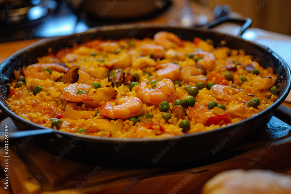Spanish Paella with Seafood and Vegetables in pan Spanish Paella with Seafood and Vegetables in pan