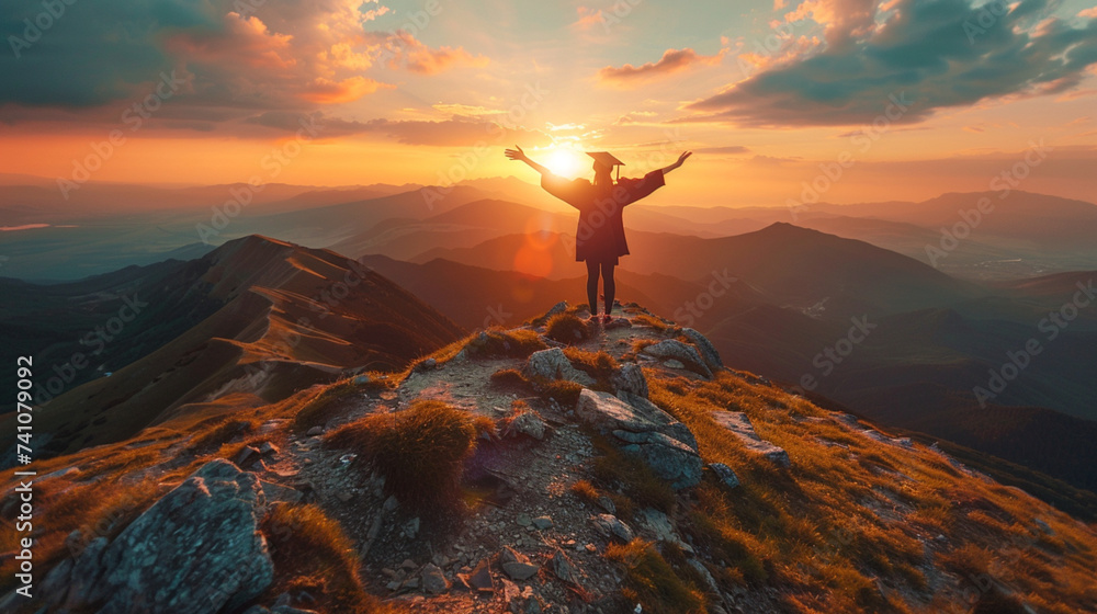 A cheerful graduation cap thrown into the air on top of a mountain sunset light behind It is a symbol of success and new beginnings. A cheerful graduation cap thrown into the air on top of a mountain sunset light behind It is a symbol of success and new beginnings.