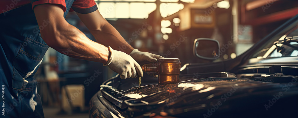 Car mechanic replace oil in vehicle. - obrazy, fototapety, plakaty 