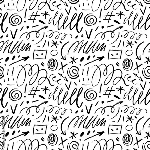 Seamless pattern with doodle charcoal lines, marks and strokes. Hand drawn curly lines, spirals.