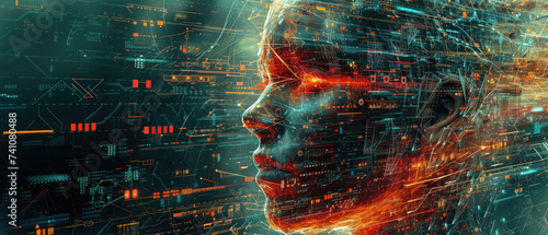 Artificial intelligence abstract tech background, face of futuristic humanoid AI robot in fire. Concept of digital technology, cyborg, war, problem, art, future