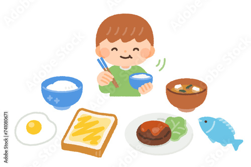 ご飯を食べる子供と食事のイラスト素材