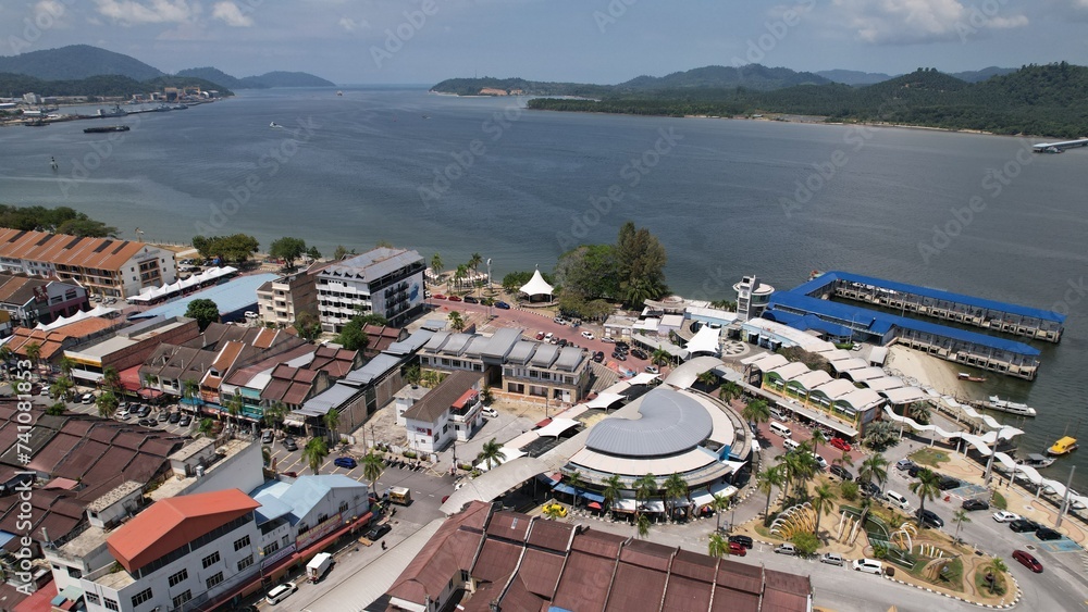 Lumut, Malaysia - February 16 2024: Aerial View of the Lumut Waterfront and Marina Island