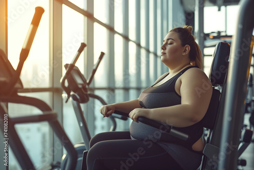 A young fat woman is exercising in the gym