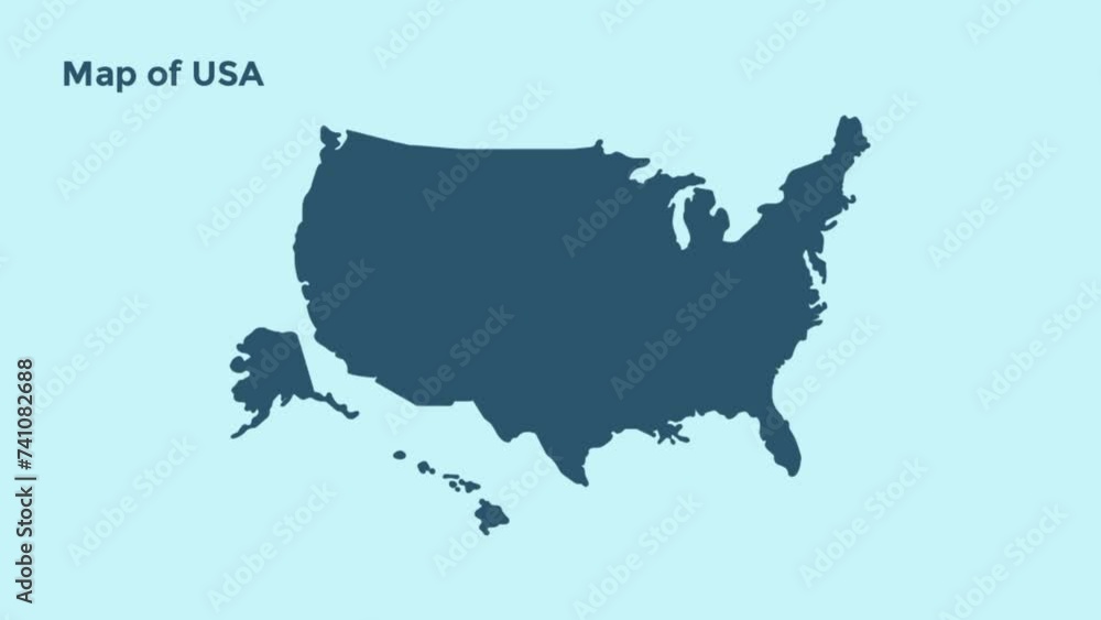 USA map, map of USA. 2d animation on blue background. USA map, map of USA. 2d animation on blue background.