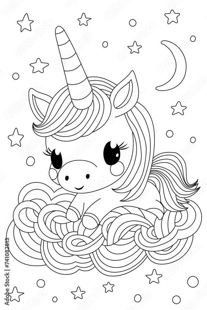 Obraz premium Unicorn Sleeping On Moon Is A Coloring Book Page For Children And Students