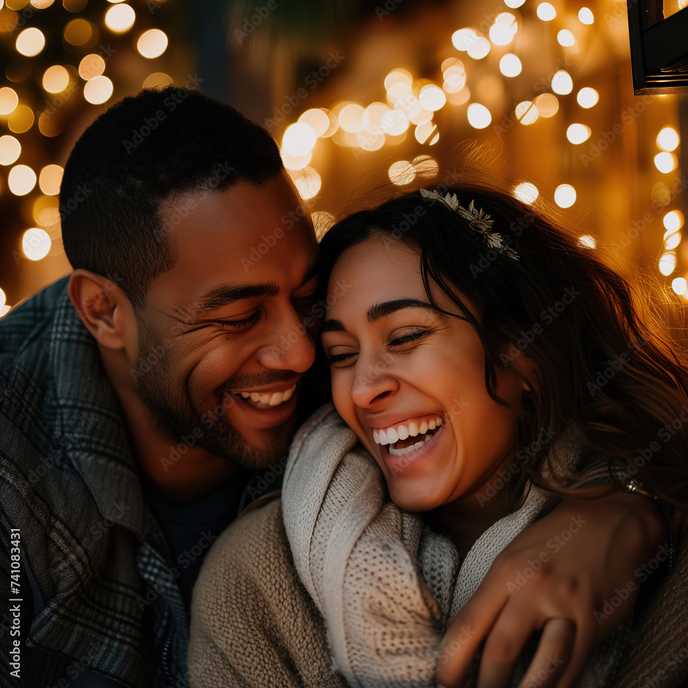 Smiling embracing black couple in a romantic atmosphere Smiling embracing black couple in a romantic atmosphere