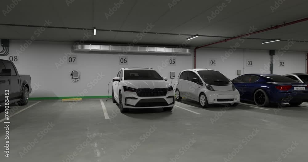 Generic electric crossover car connected to charging box. EV vehicle plugged in energy station, recharge battery at shopping mall or urban city house parking lot. 3D animation Generic electric crossover car connected to charging box. EV vehicle plugged in energy station, recharge battery at shopping mall or urban city house parking lot. 3D animation