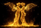 Silhouettes of two transparent shining golden angels with wings on a black background. The zodiac sign is gemini. Ai generative..