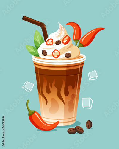 Frappe with cream and chili pepper. Ice latte and chili pepper. Cold coffee with cream and spices. Vector illustration.
