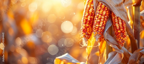 Close up of ripe corn cobs in a lush field with blurred farm background and space for text placement