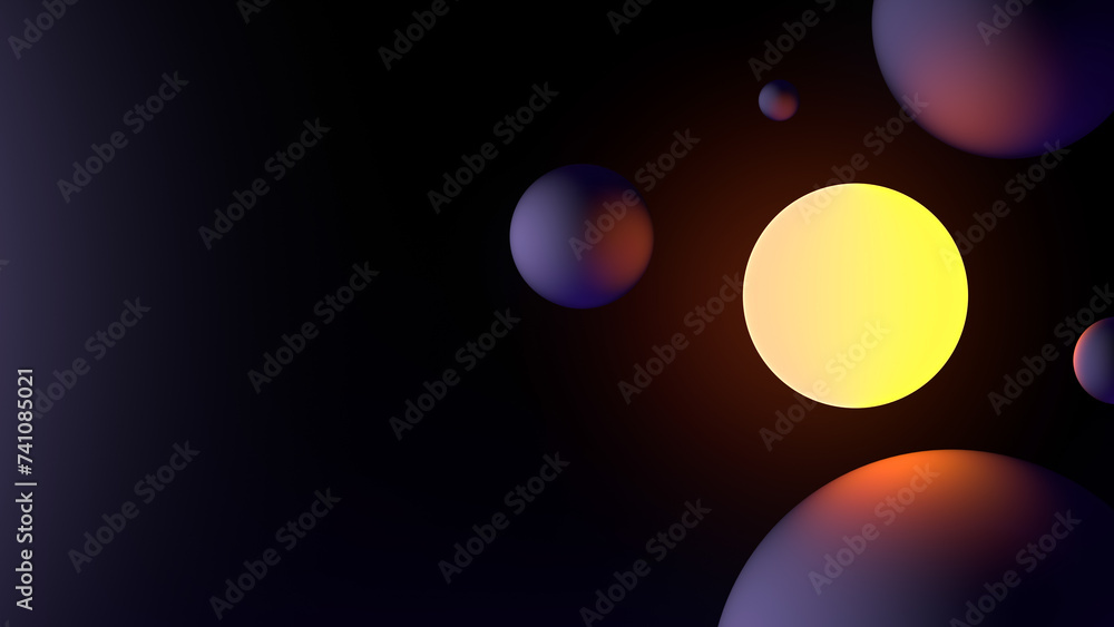 Abstract background with glowing neon ball and reflection from metallic spheres. Futuristic abstract background, banner. 3D render Abstract background with glowing neon ball and reflection from metallic spheres. Futuristic abstract background, banner. 3D render
