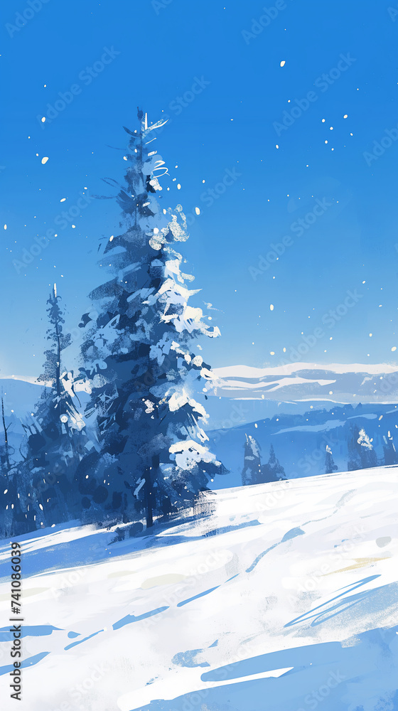 A snowy landscape with pine trees Calmness atmospheric photo footage for TikTok, Instagram, Reels, Shorts