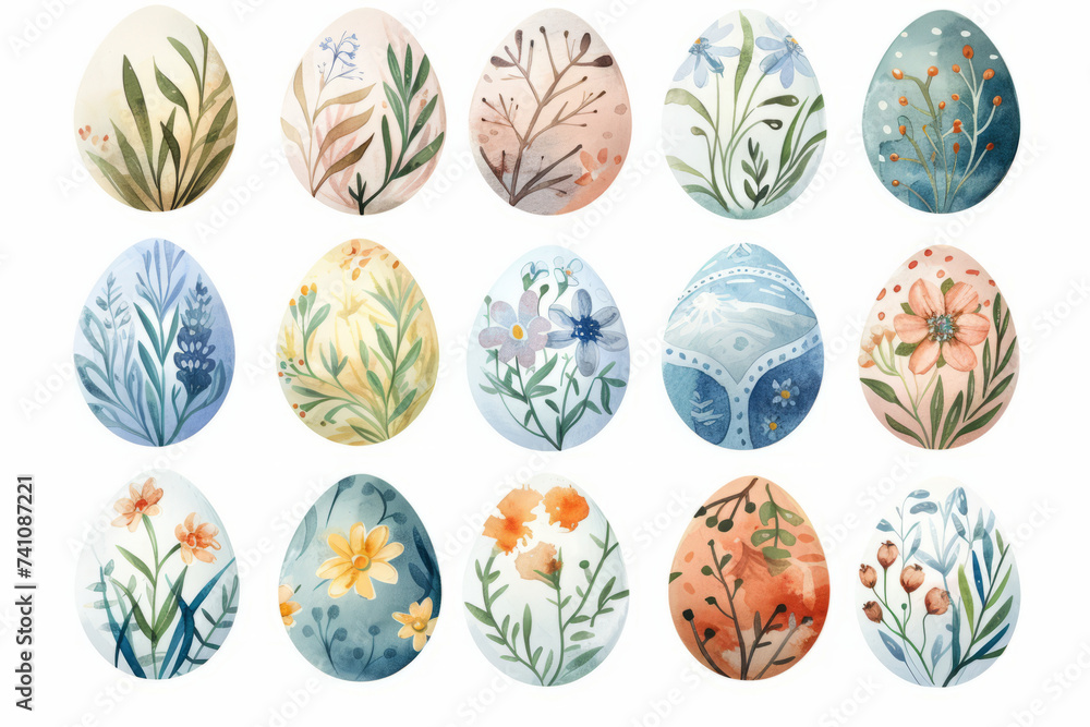 Obraz premium set of colorful nature inspired Easter eggs with flower patterns isolated on white