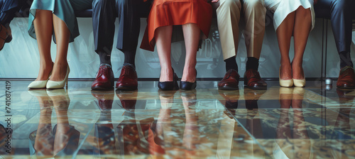 Close up of business peoples legs waiting for a job interview. Hiring and recruitment concept photo