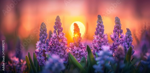 the macro photography photo of hyacinths at sunset Generative AI